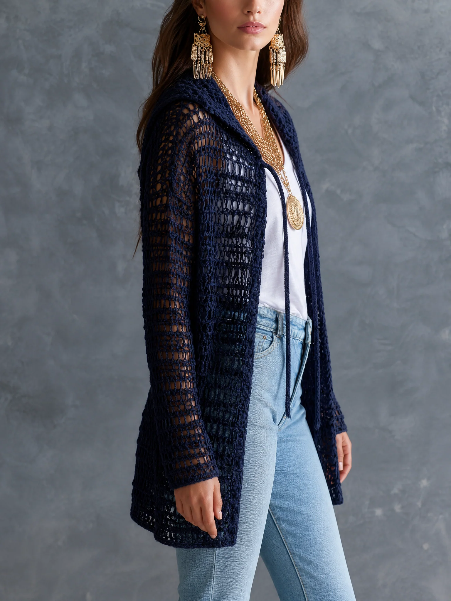 Coastal Boho Open-Knit Long-Sleeve Hollow-Out Dark Blue Duster Cardigan - Image 5