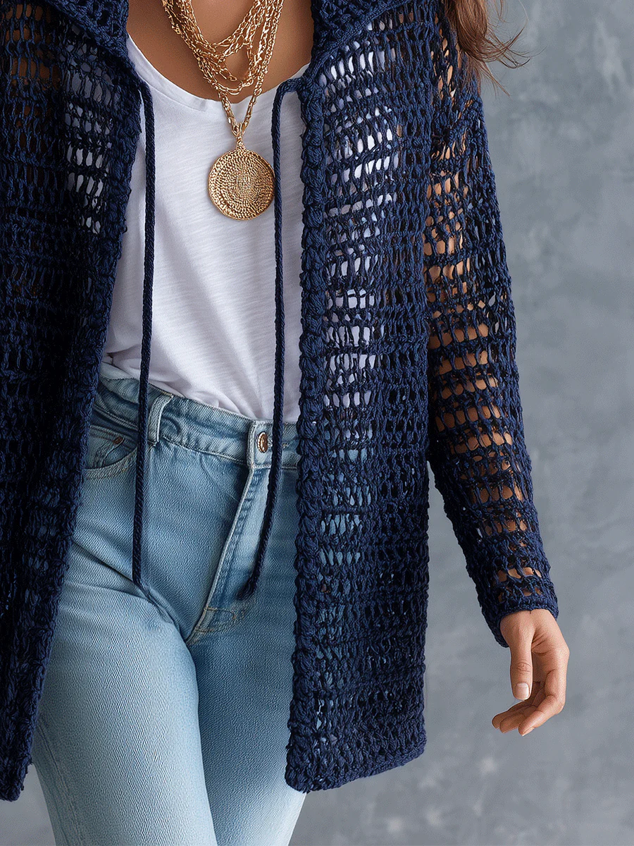 Coastal Boho Open-Knit Long-Sleeve Hollow-Out Dark Blue Duster Cardigan - Image 7