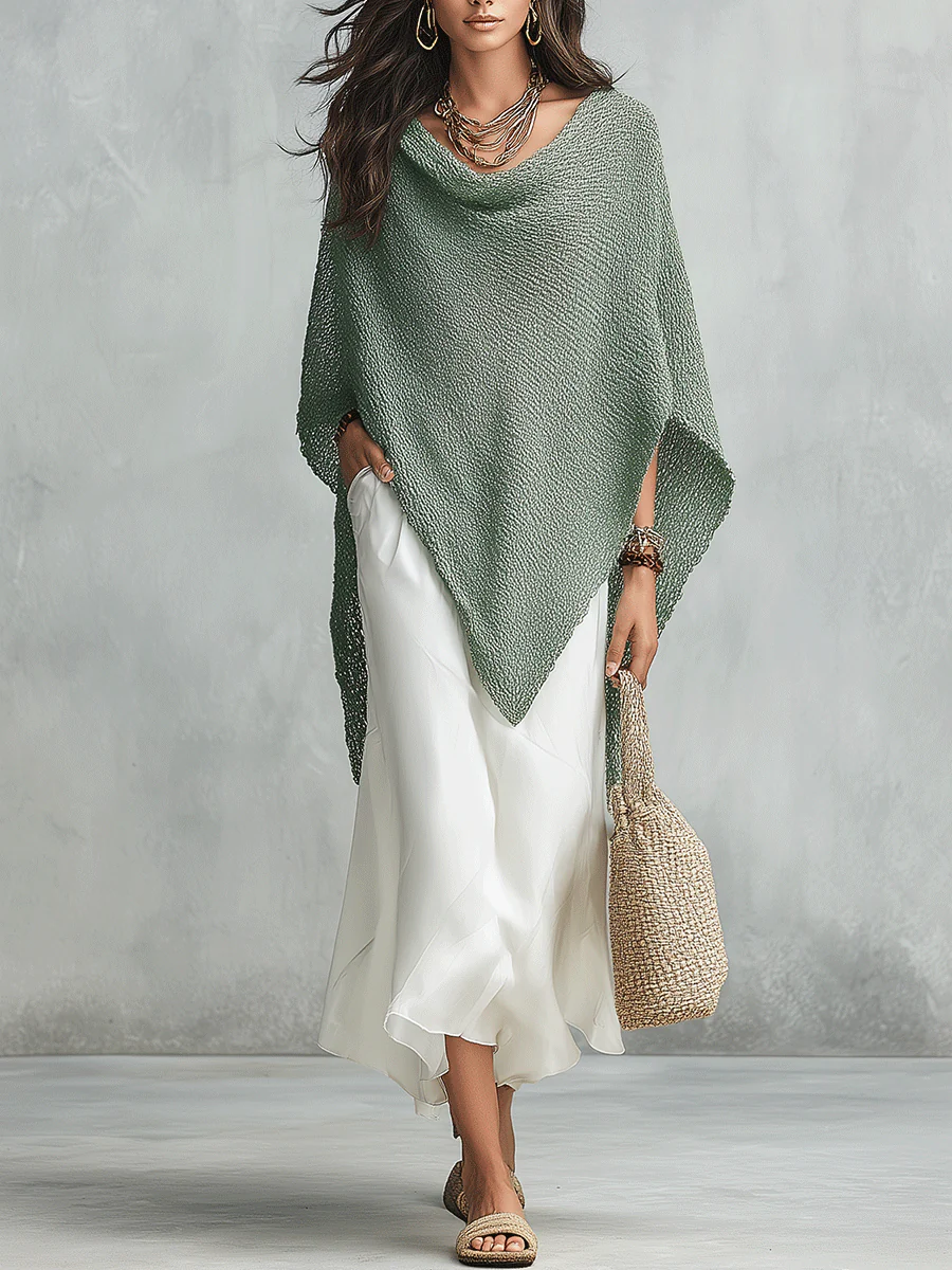 Coastal Boho Sage Knit Poncho & White Satin Midi Dress Set