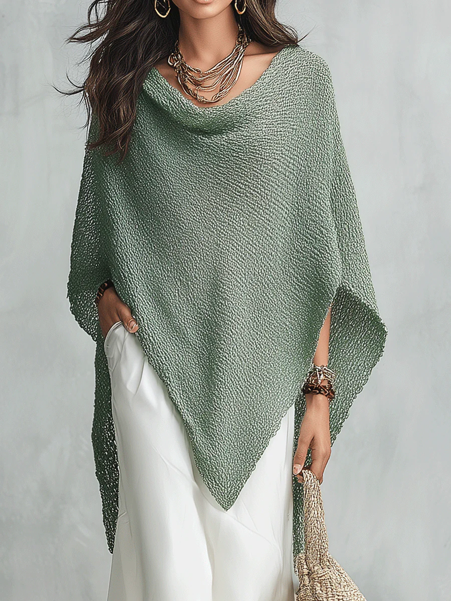 Coastal Boho Sage Knit Poncho & White Satin Midi Dress Set - Image 3