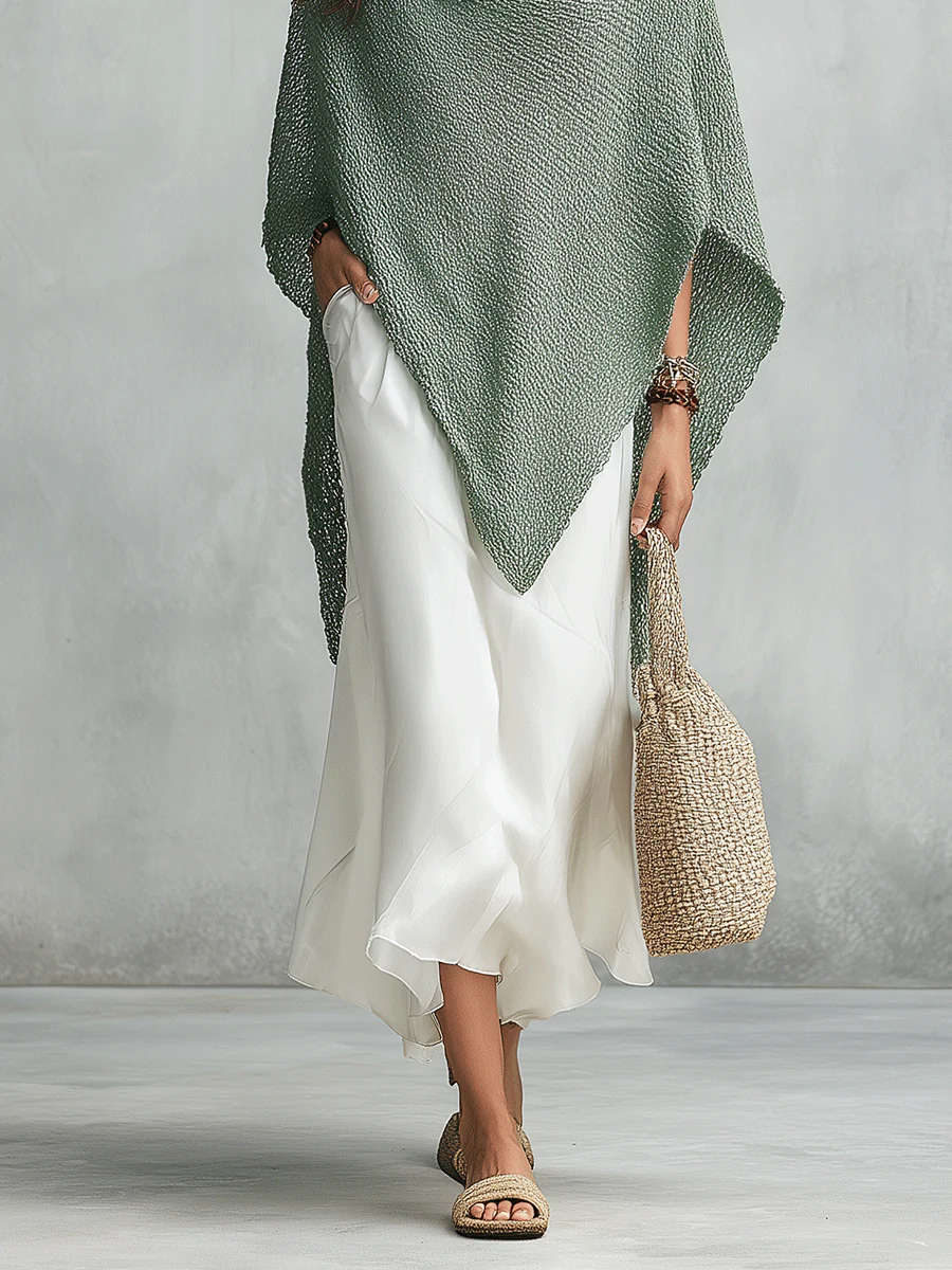 Coastal Boho Sage Knit Poncho & White Satin Midi Dress Set - Image 4