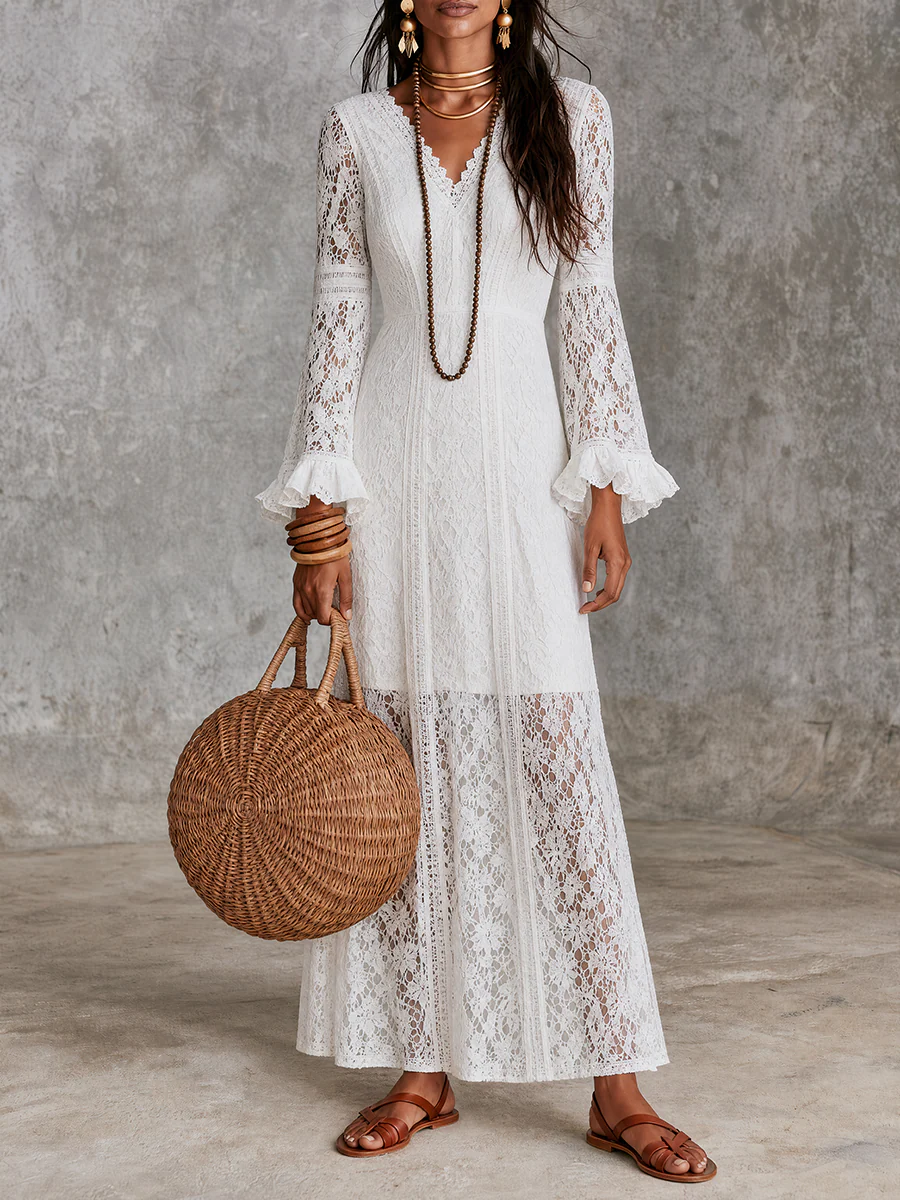Coastal Boho Sheer Lace Long Sleeve Maxi Dress