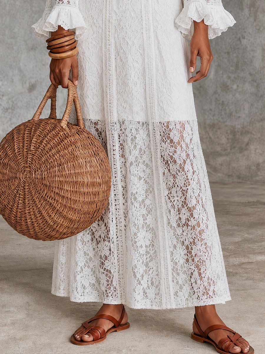 Coastal Boho Sheer Lace Long Sleeve Maxi Dress - Image 3