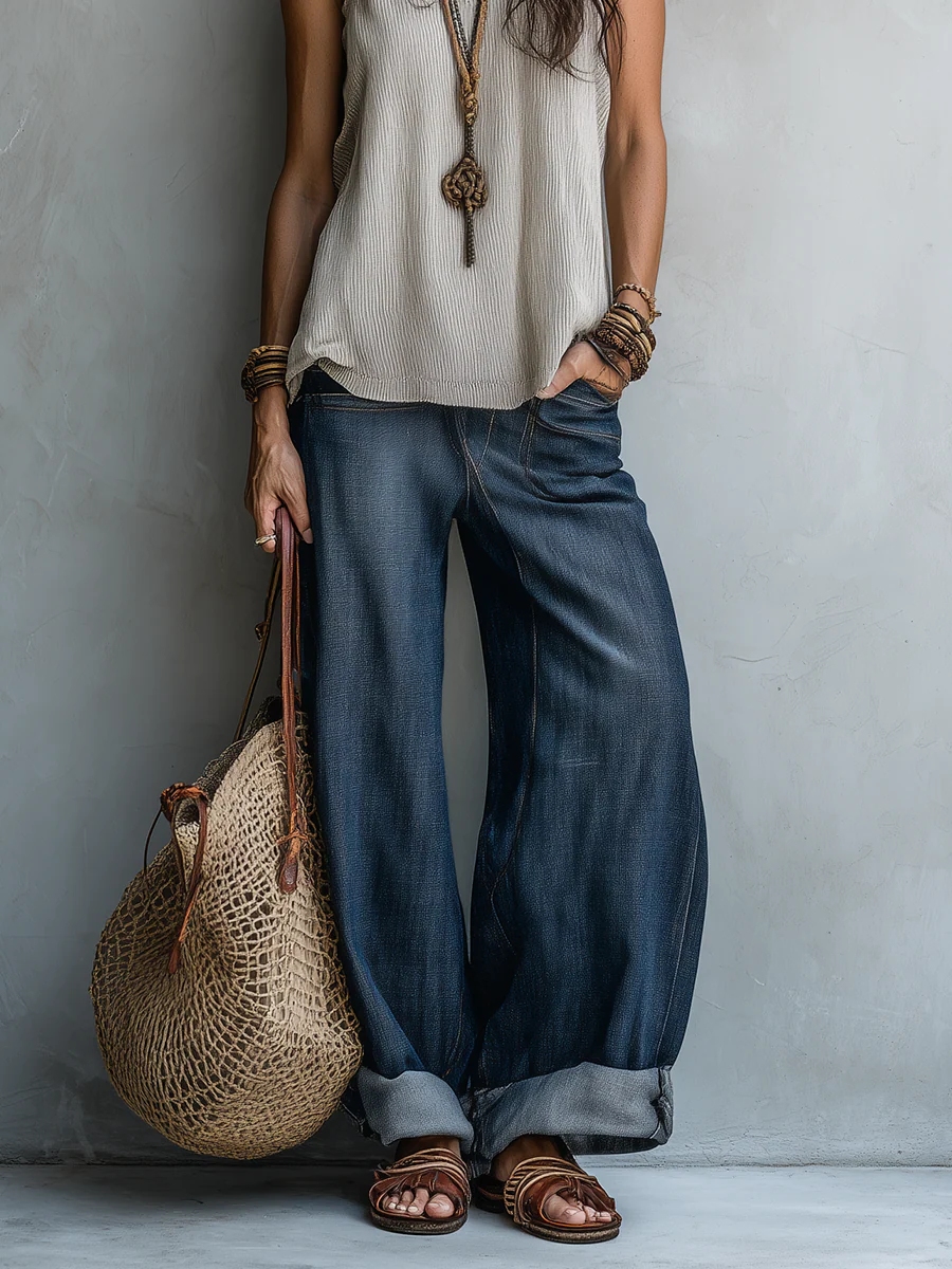 Coastal Boho Slouchy Wide Leg Denim Pants - Image 3