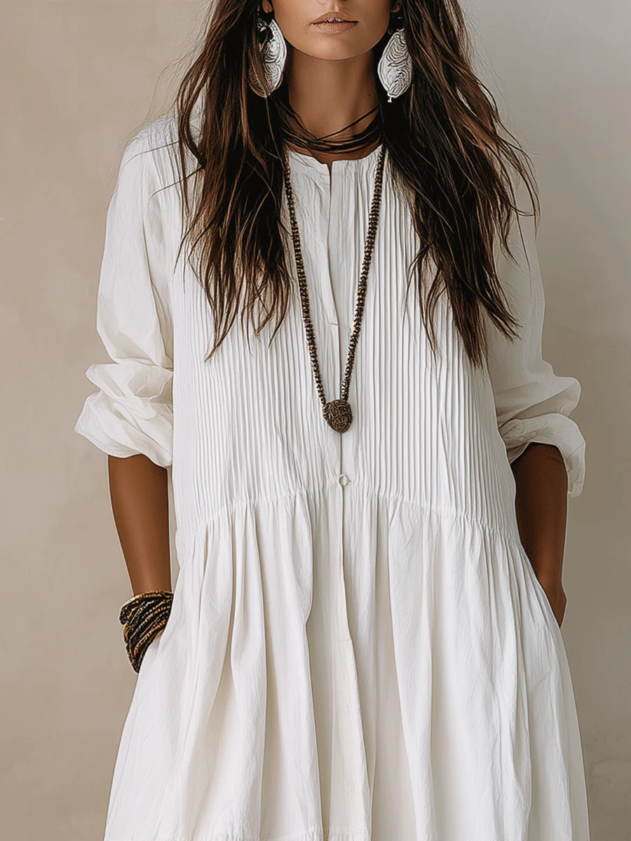 Coastal Chic Soft Cotton Oversized Off-White Smock Maxi Dress - Image 5