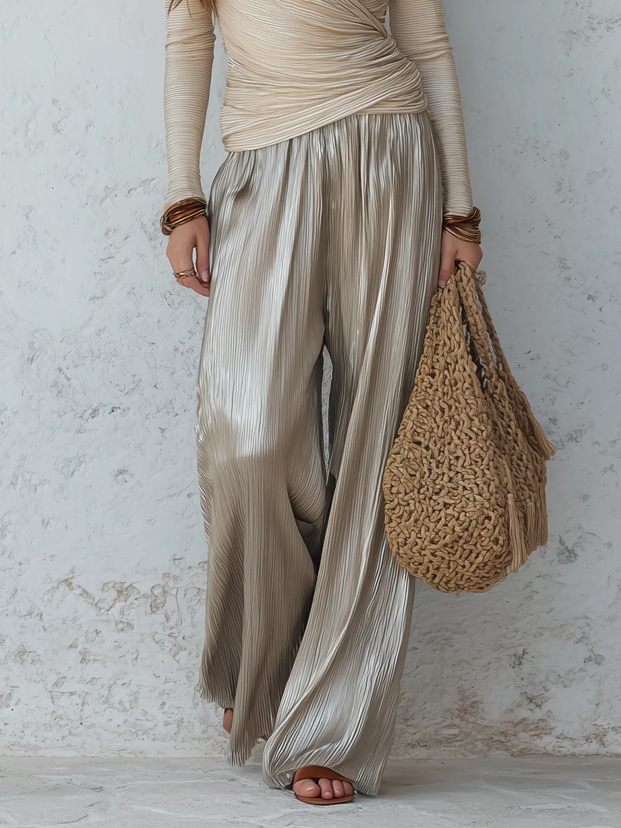 Coastal Evening Draped Wrap Top & Metallic Pleated Trousers Set - Image 3