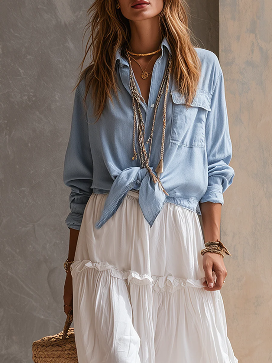 Coastal Style Sky Blue Shirt And White Skirt Suit - Image 3