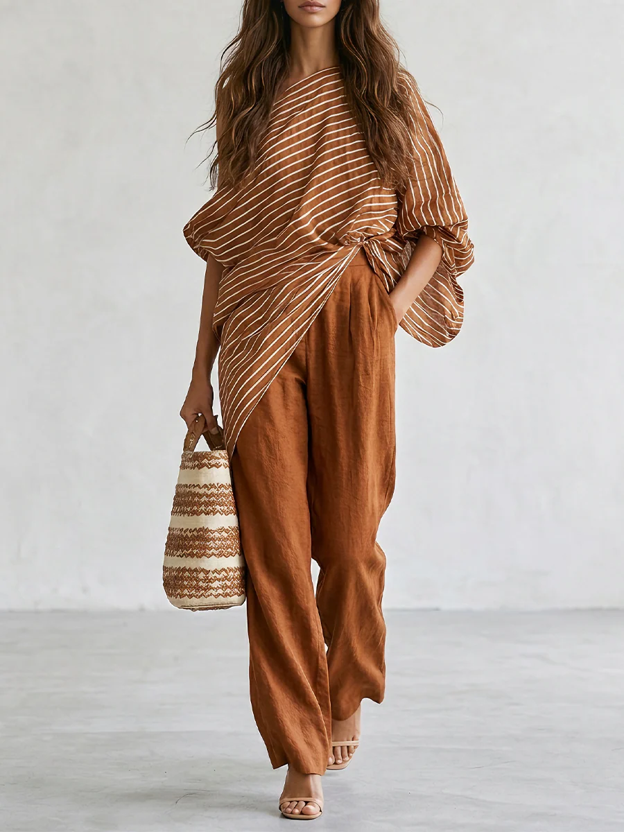 Contrast Stripe Oversized Top & Solid Palazzo Pants Two-Piece Set