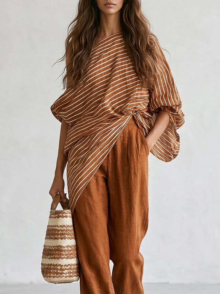 Contrast Stripe Oversized Top & Solid Palazzo Pants Two-Piece Set - Image 2
