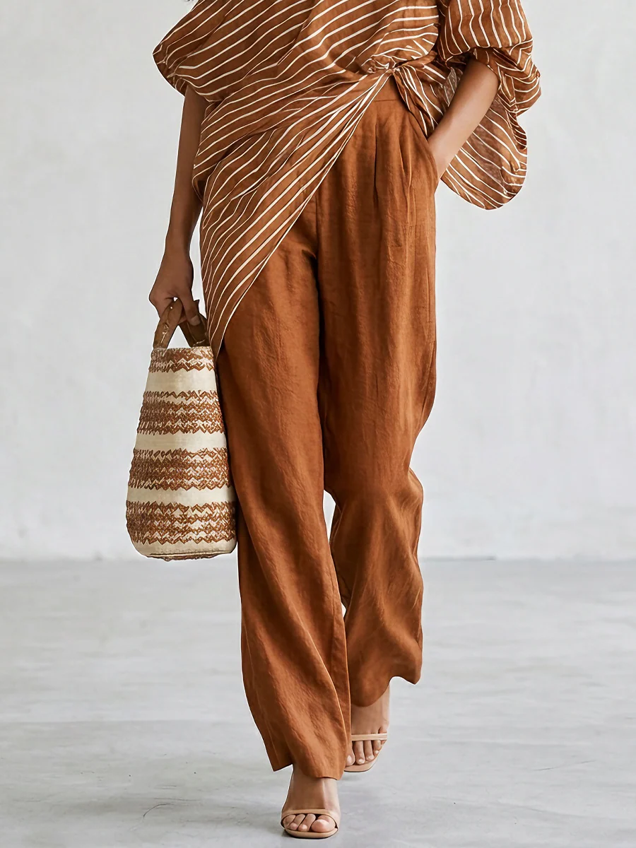 Contrast Stripe Oversized Top & Solid Palazzo Pants Two-Piece Set - Image 3