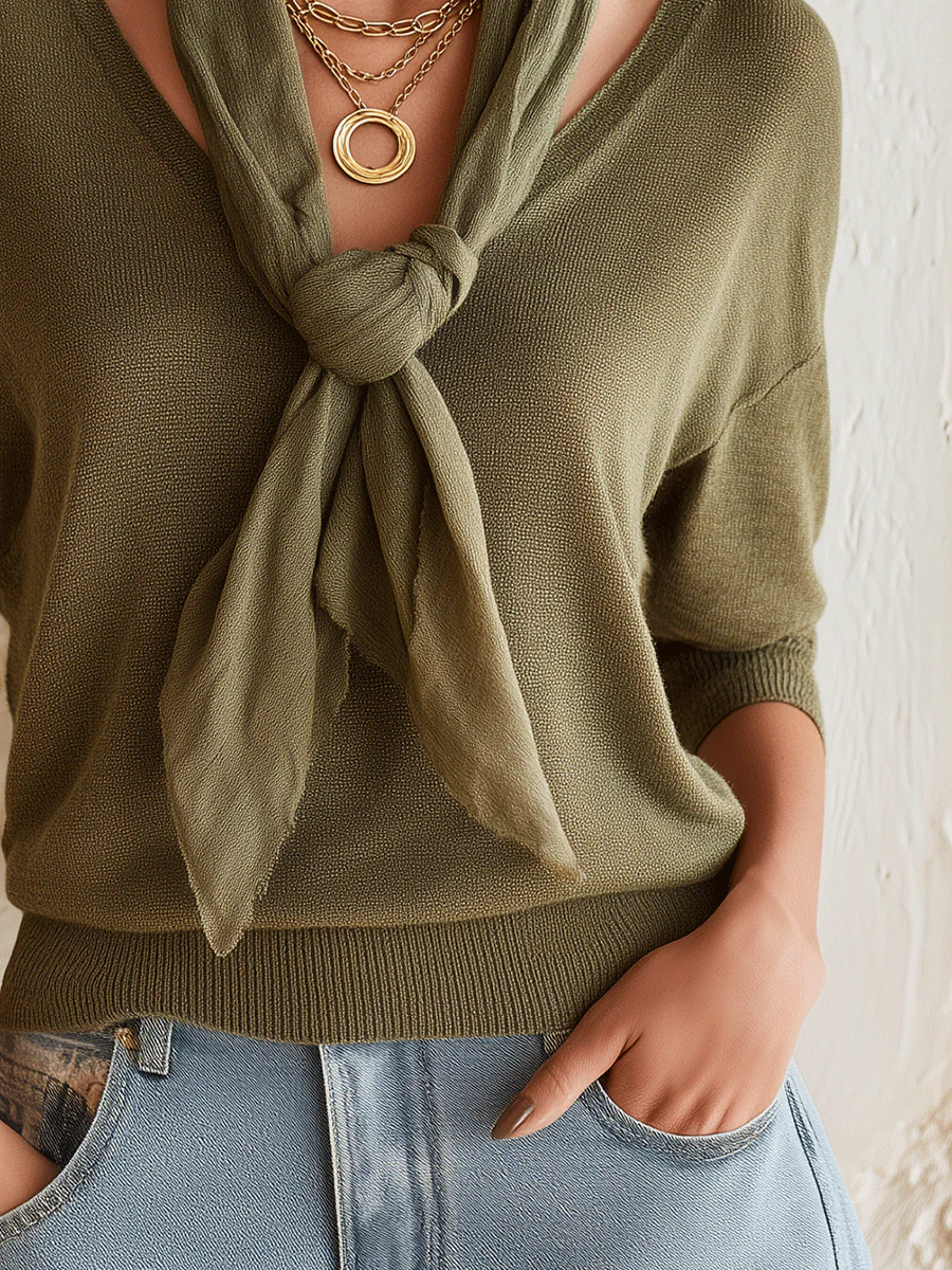 Cozy Autumn Soft-Knit V-Neck Bow-Tie Olive Green Knit Top - Image 3