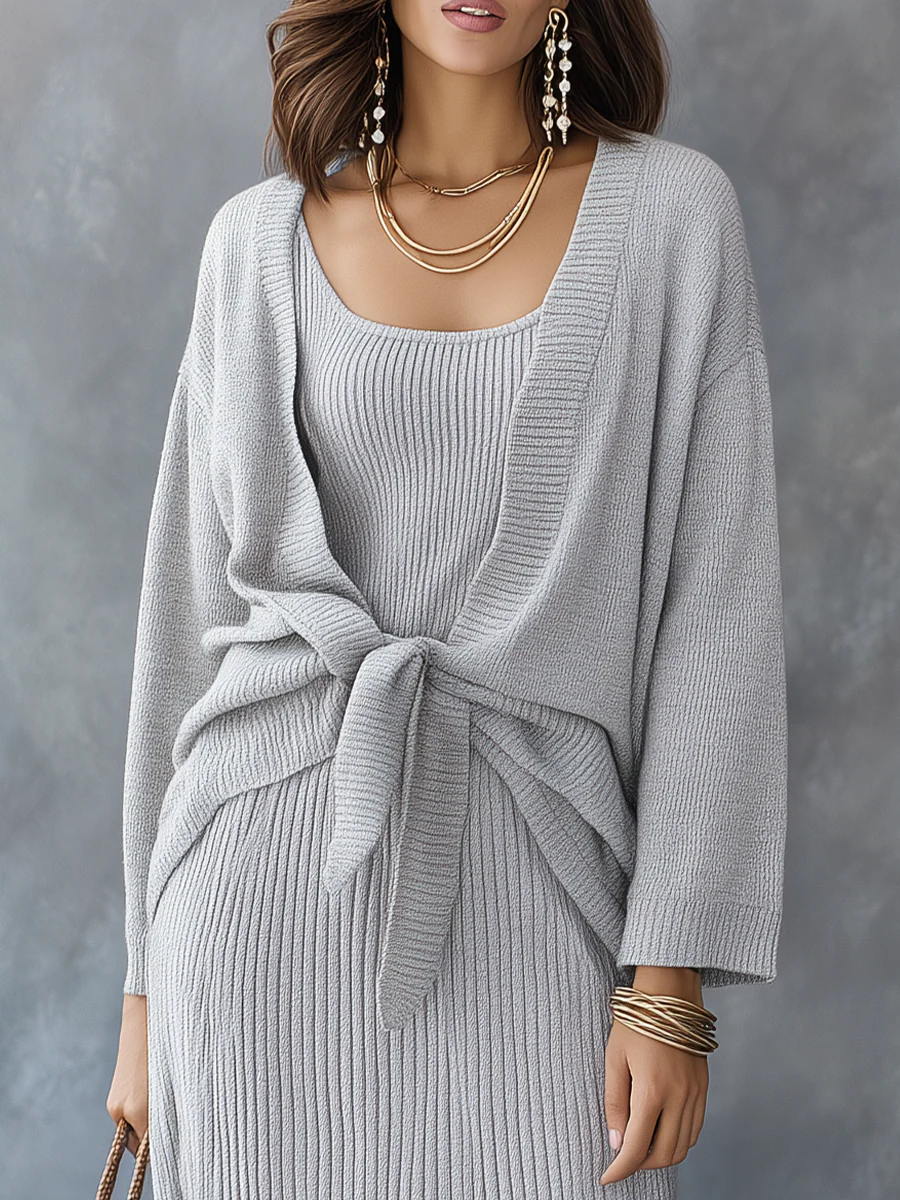 Cozy Heather Gray Rib Knit Dress Set - Image 2
