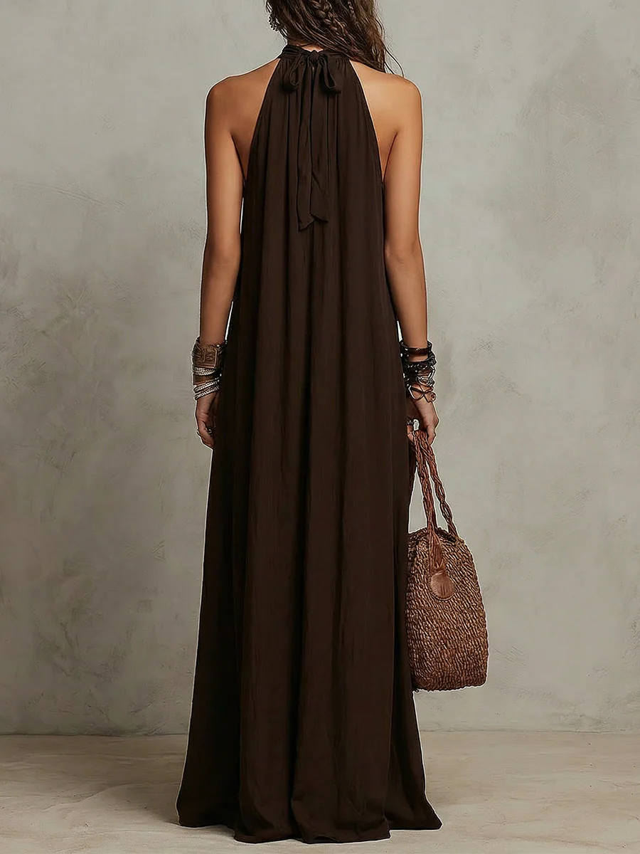 Dark Brown Halter Neck Minimalist Long Dress - Image 2