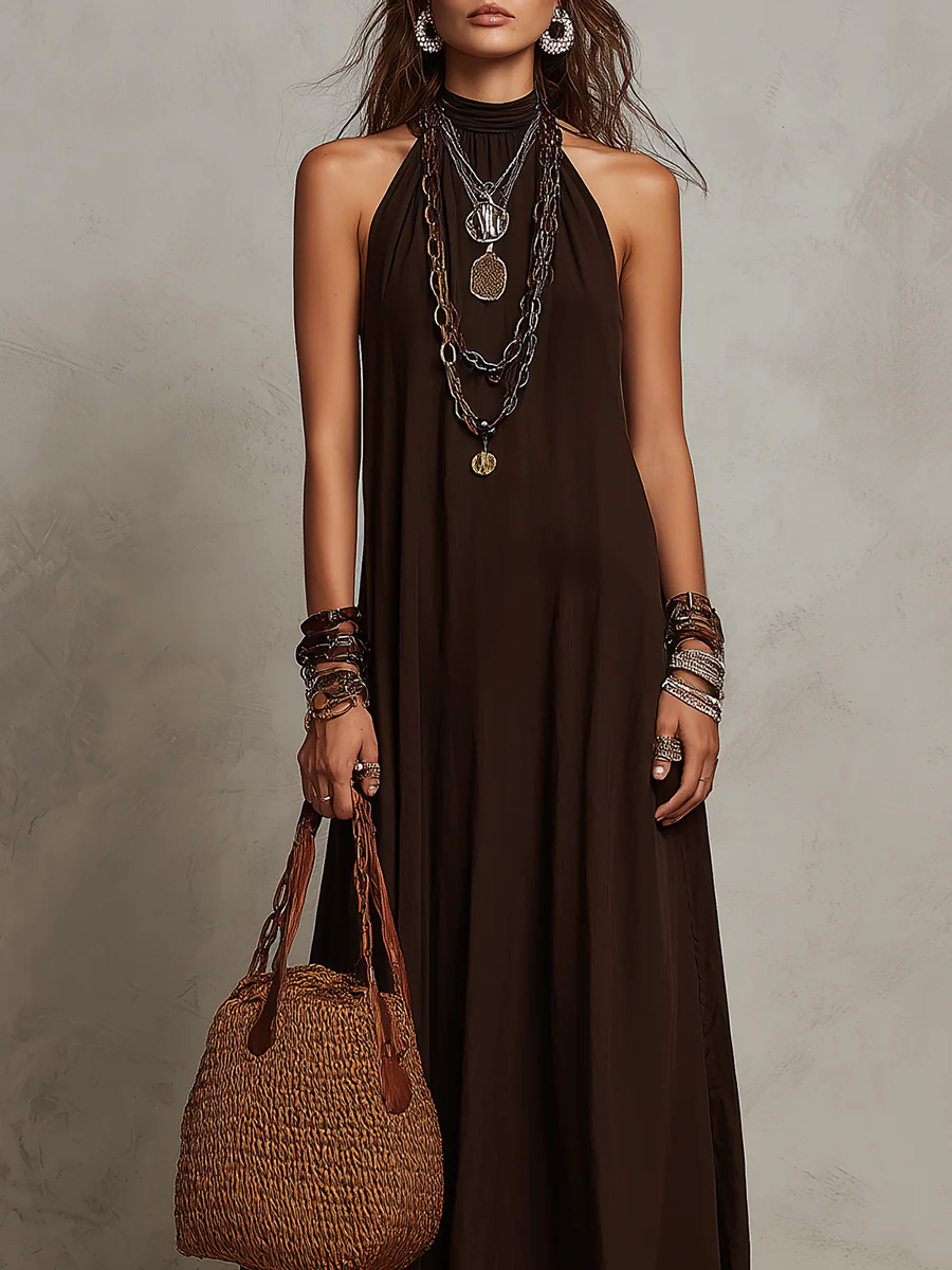Dark Brown Halter Neck Minimalist Long Dress - Image 3