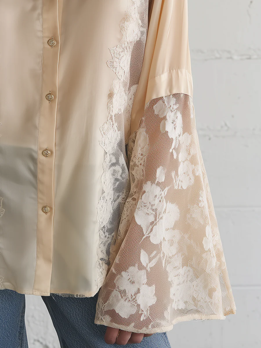 Delicate Champagne Lace Panel Shirt - Image 3