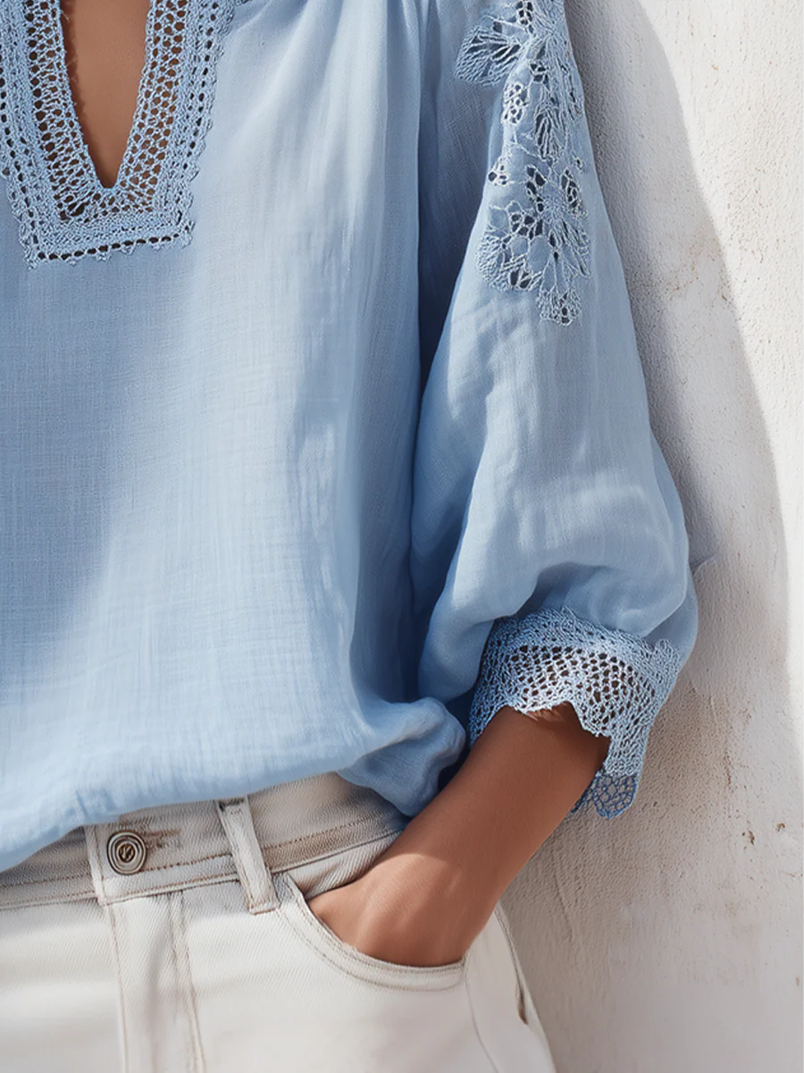 Delicate Sky Blue Lace Trim Blouse - Image 3