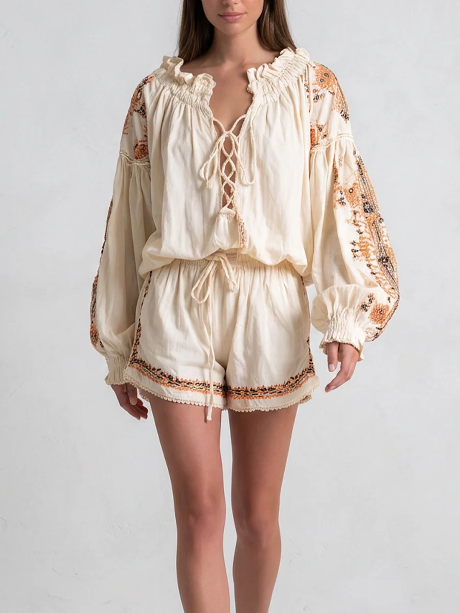 Desert-style Lace-up Bohemian Jumpsuit Shorts - Image 2