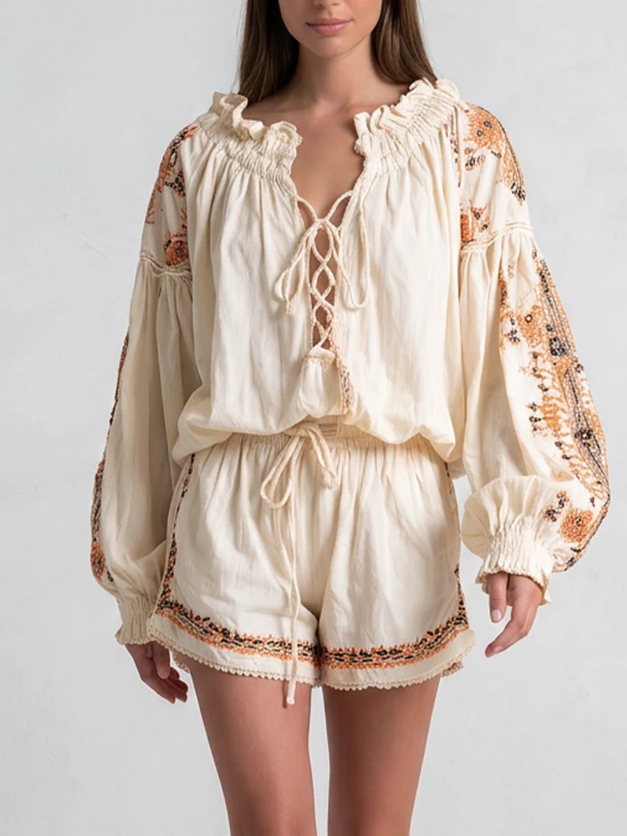 Desert-style Lace-up Bohemian Jumpsuit Shorts - Image 3