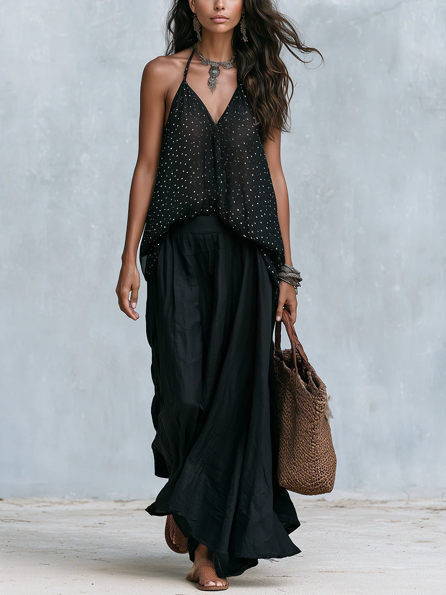 Effortless Black Polka Dot Maxi Skirt Set