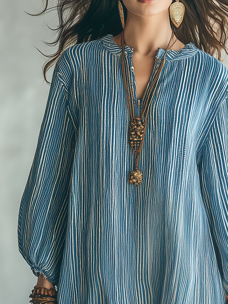 Effortless Blue Striped Balloon Sleeve Mini Dress - Image 2