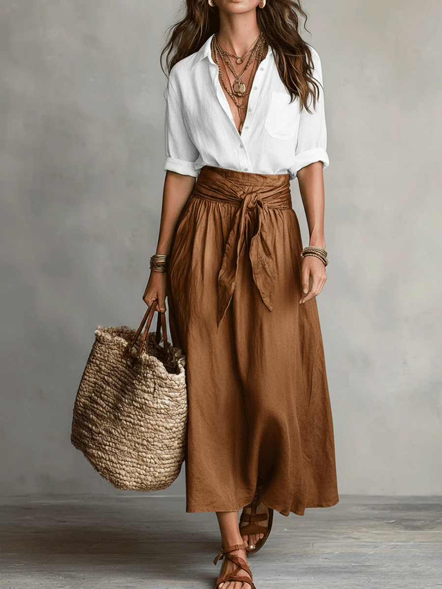 Effortless Boho Black Blouse & Olive Satin Midi Skirt Set - Image 5