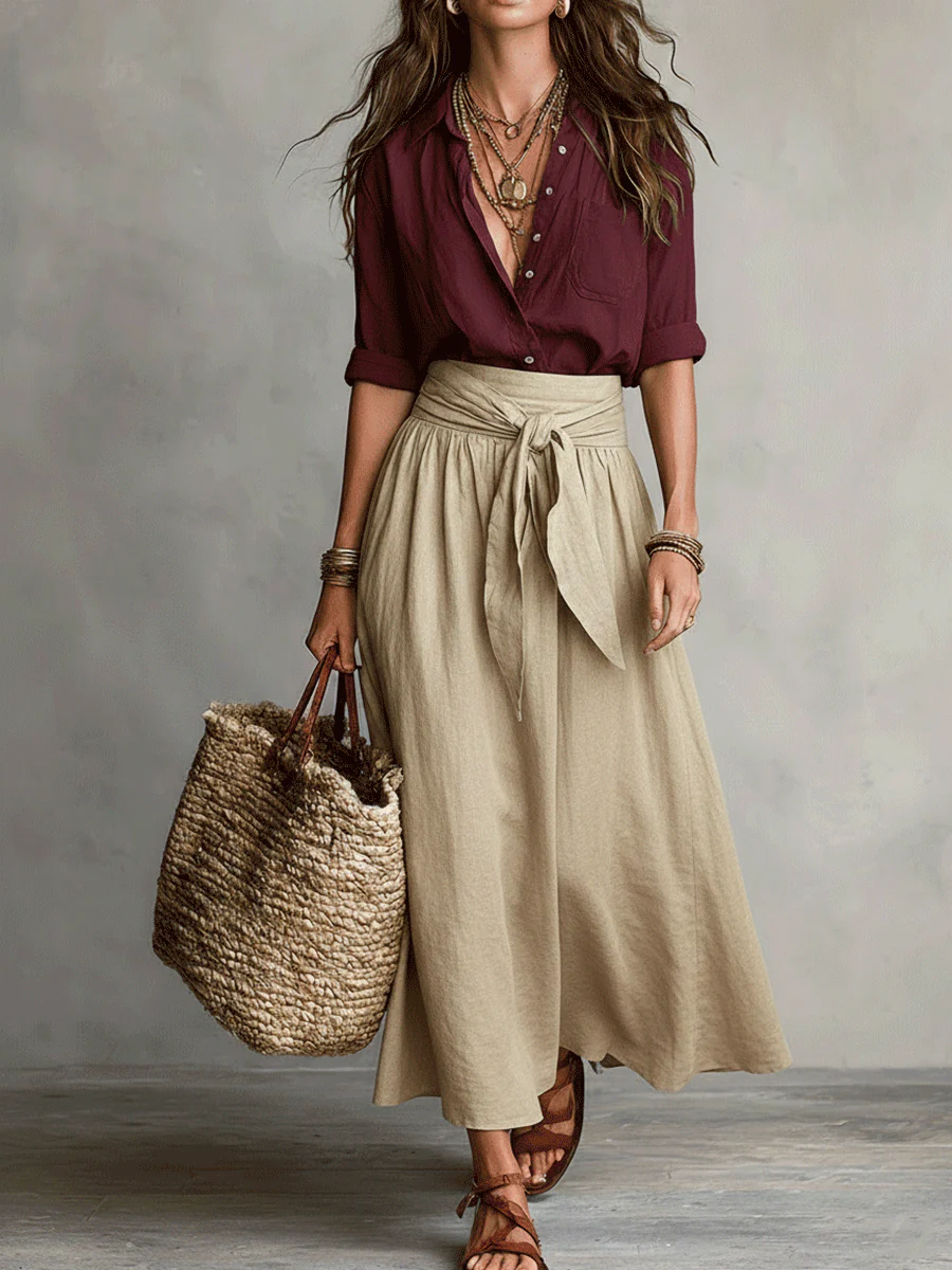 Effortless Boho Black Blouse & Olive Satin Midi Skirt Set - Image 7
