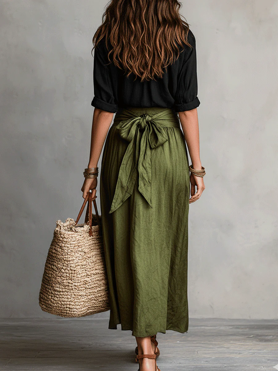 Effortless Boho Black Blouse & Olive Satin Midi Skirt Set - Image 9