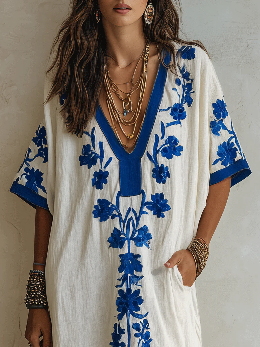 Effortless Boho Cotton Contrast-Trim Loose Off-White Embroidered Kaftan Maxi Dress - Image 2