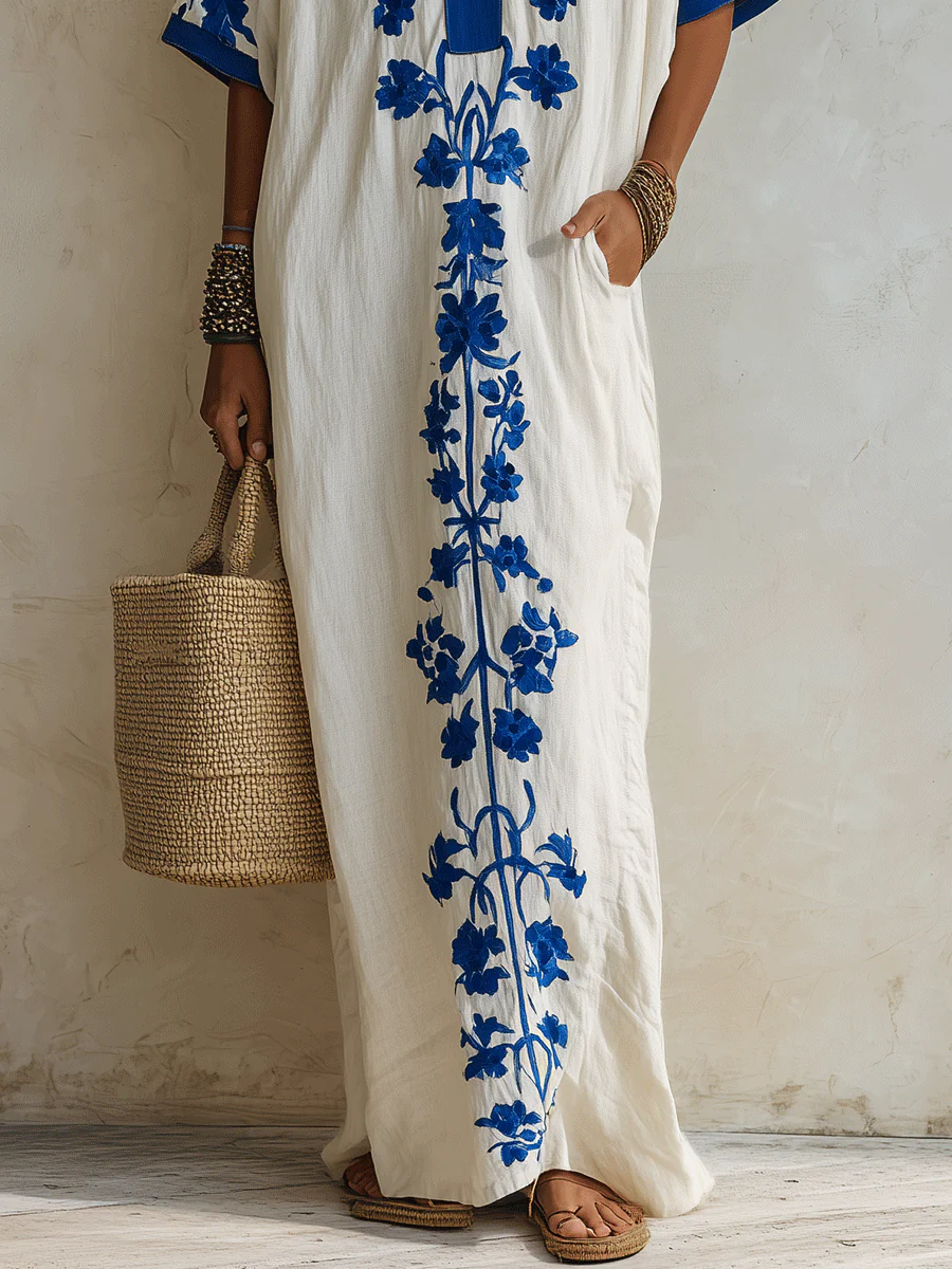 Effortless Boho Cotton Contrast-Trim Loose Off-White Embroidered Kaftan Maxi Dress - Image 3