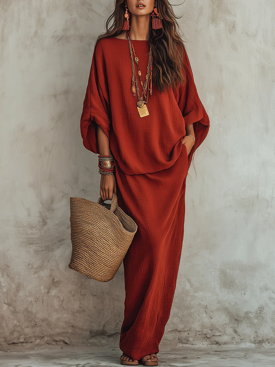 Effortless Boho Cotton-Linen Batwing Drop-Waist Rust Two-Piece Set