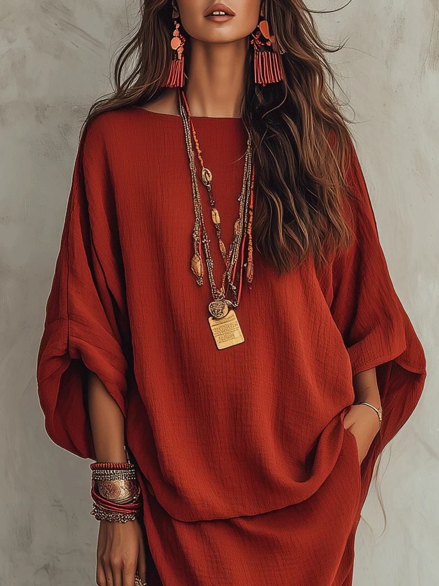 Effortless Boho Cotton-Linen Batwing Drop-Waist Rust Two-Piece Set - Image 2