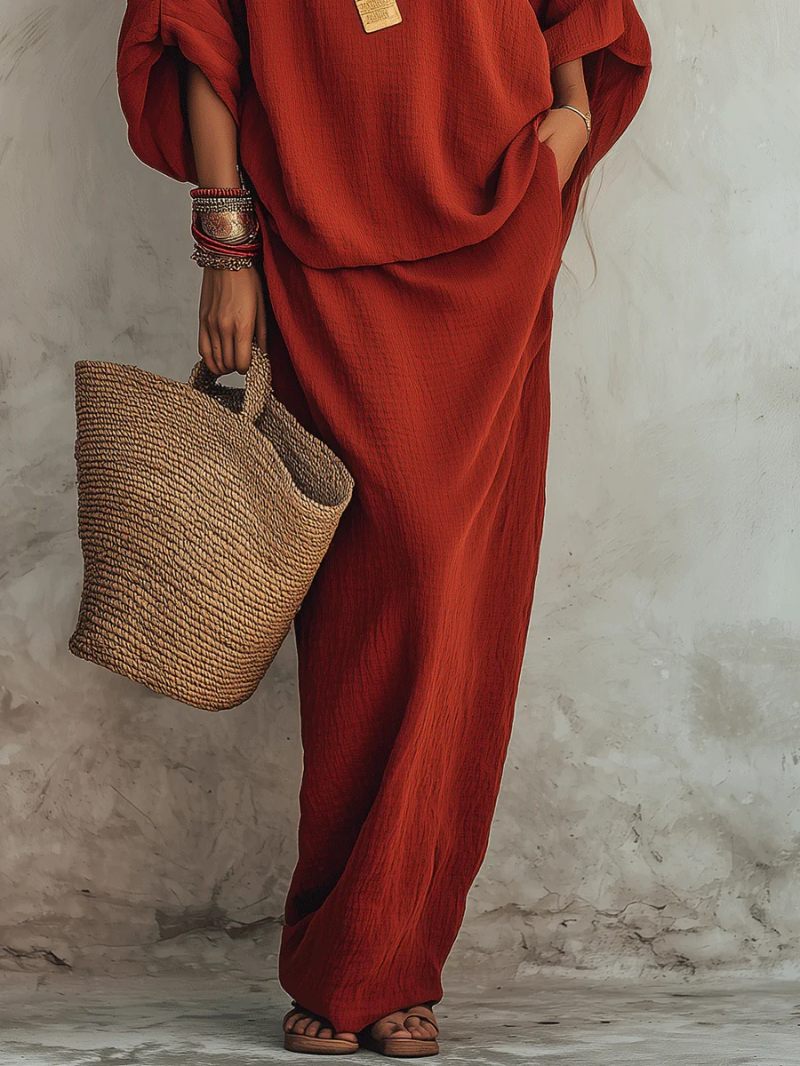 Effortless Boho Cotton-Linen Batwing Drop-Waist Rust Two-Piece Set - Image 3
