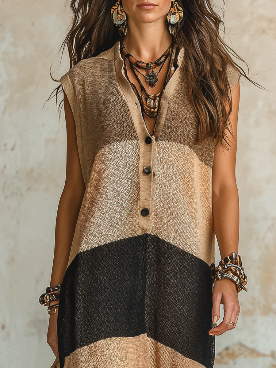 Effortless Boho Cotton-Linen Color-Block Sleeveless Khaki Maxi Dress - Image 2