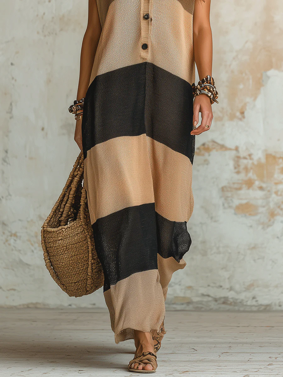 Effortless Boho Cotton-Linen Color-Block Sleeveless Khaki Maxi Dress - Image 3