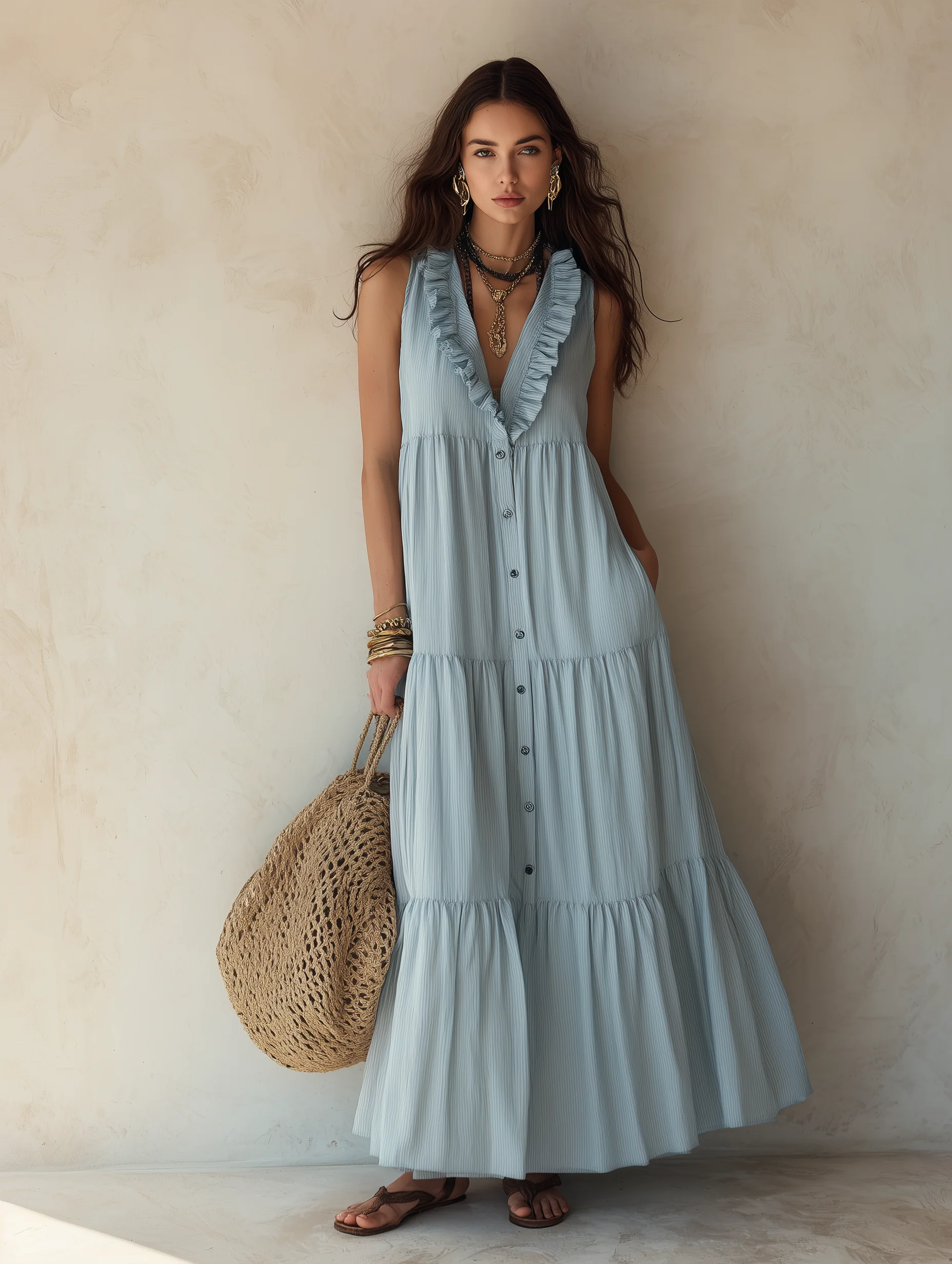 Effortless Boho Cotton-Linen Ruffle-V-Neck Tiered Dusty Blue Maxi Dress - Image 2