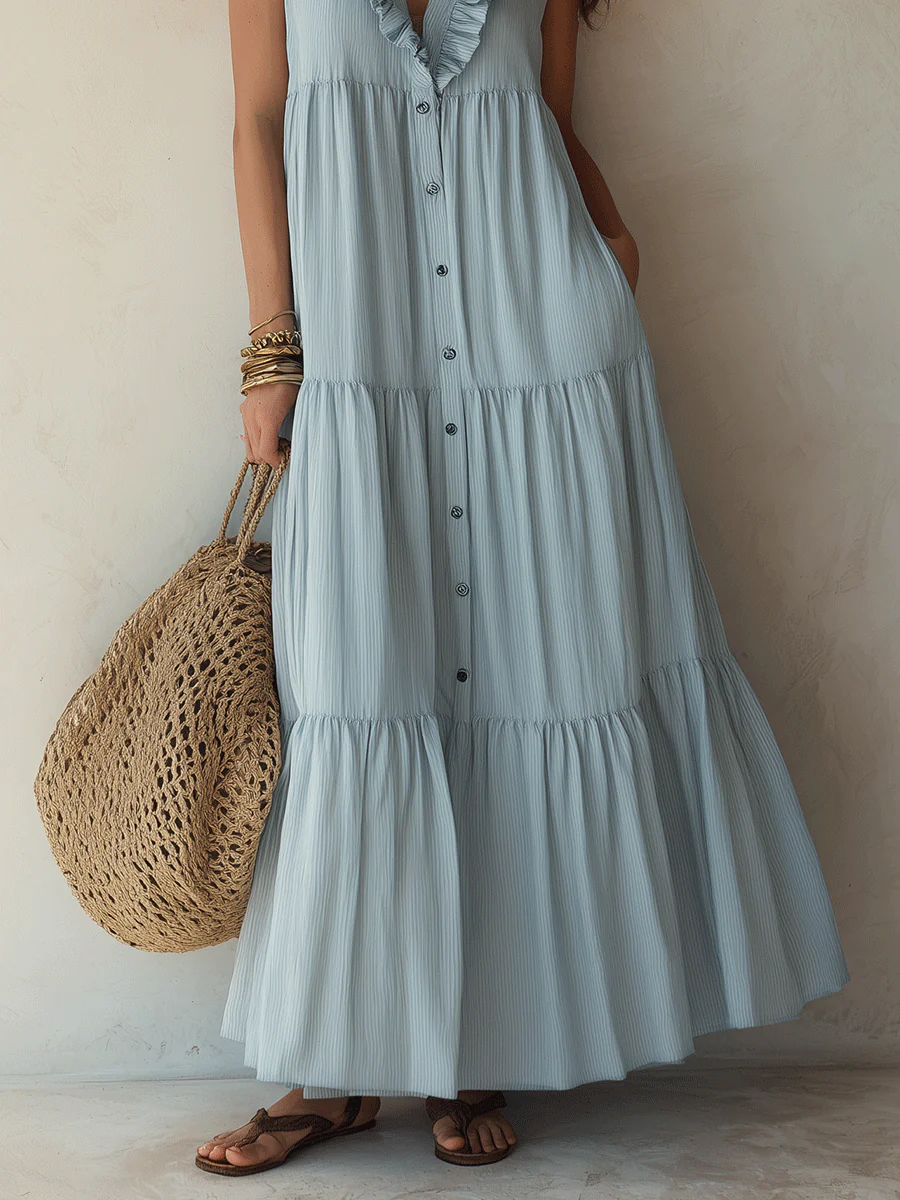 Effortless Boho Cotton-Linen Ruffle-V-Neck Tiered Dusty Blue Maxi Dress - Image 3