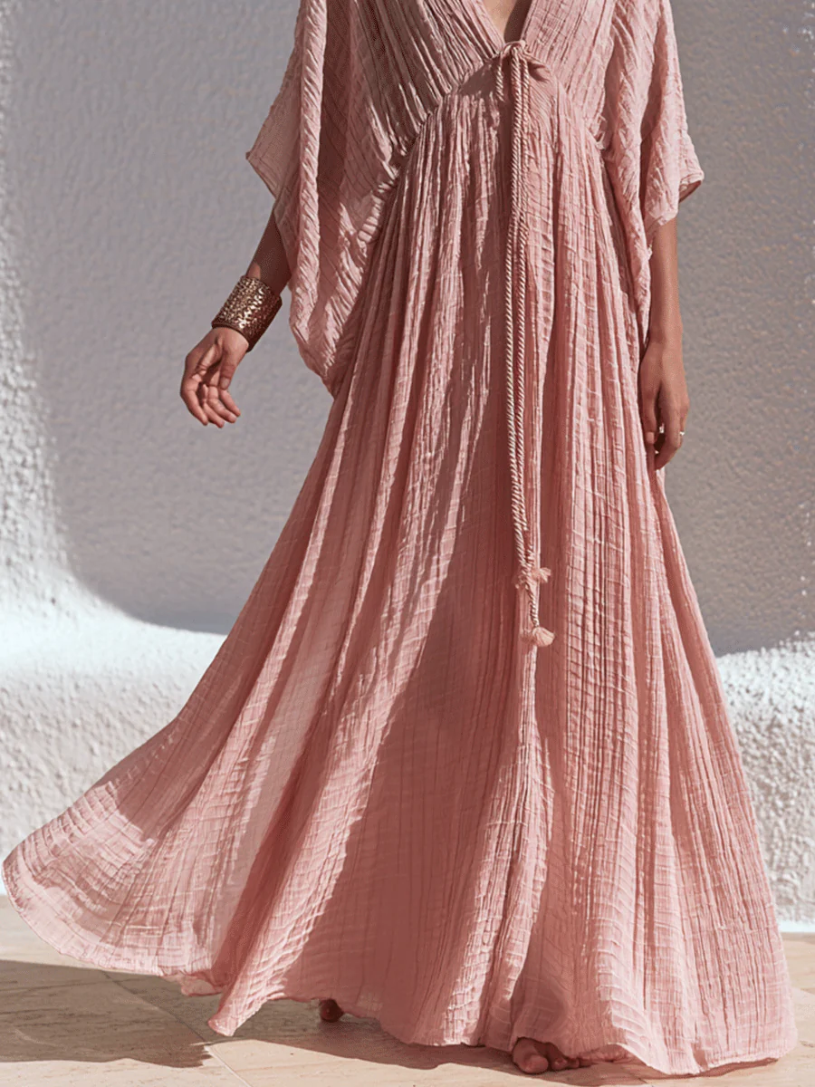 Effortless Boho Crinkle-Cotton Deep-V Batwing Blush Pink Kaftan Maxi Dress - Image 3