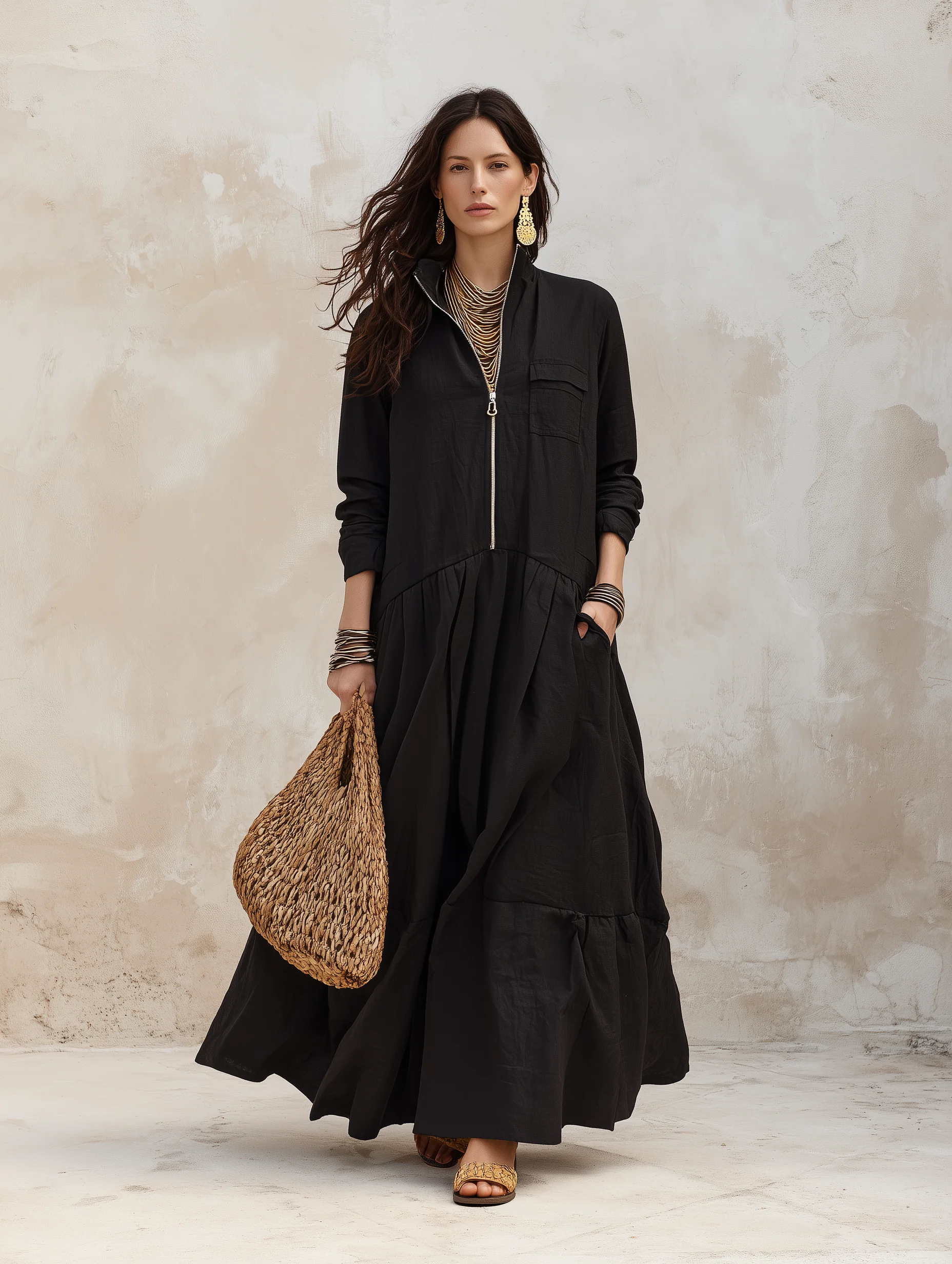 Effortless Boho Linen Zip-Front Tiered Drop-Waist Black Maxi Dress - Image 2