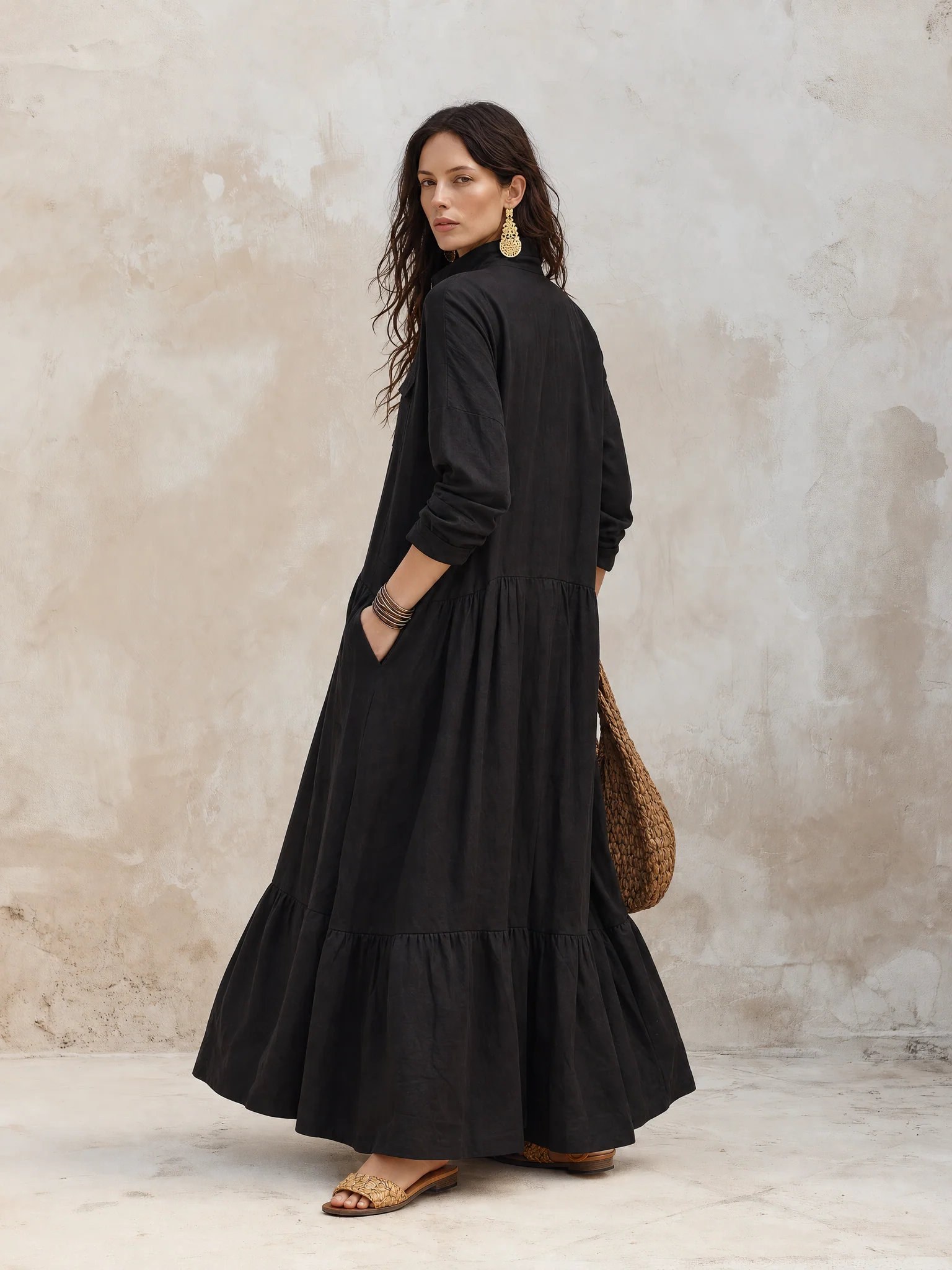 Effortless Boho Linen Zip-Front Tiered Drop-Waist Black Maxi Dress - Image 3
