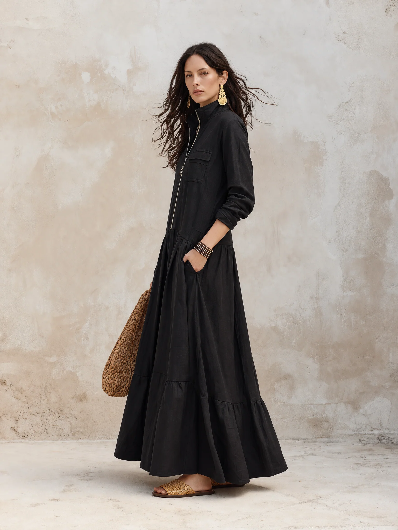 Effortless Boho Linen Zip-Front Tiered Drop-Waist Black Maxi Dress - Image 4