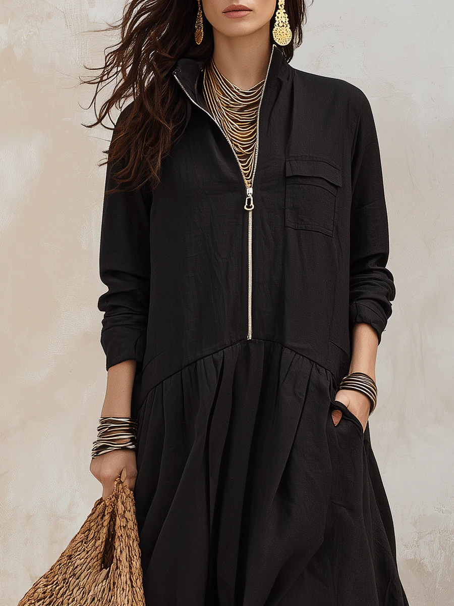 Effortless Boho Linen Zip-Front Tiered Drop-Waist Black Maxi Dress - Image 5
