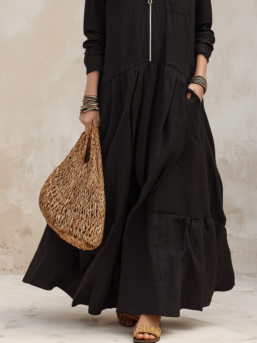 Effortless Boho Linen Zip-Front Tiered Drop-Waist Black Maxi Dress - Image 6