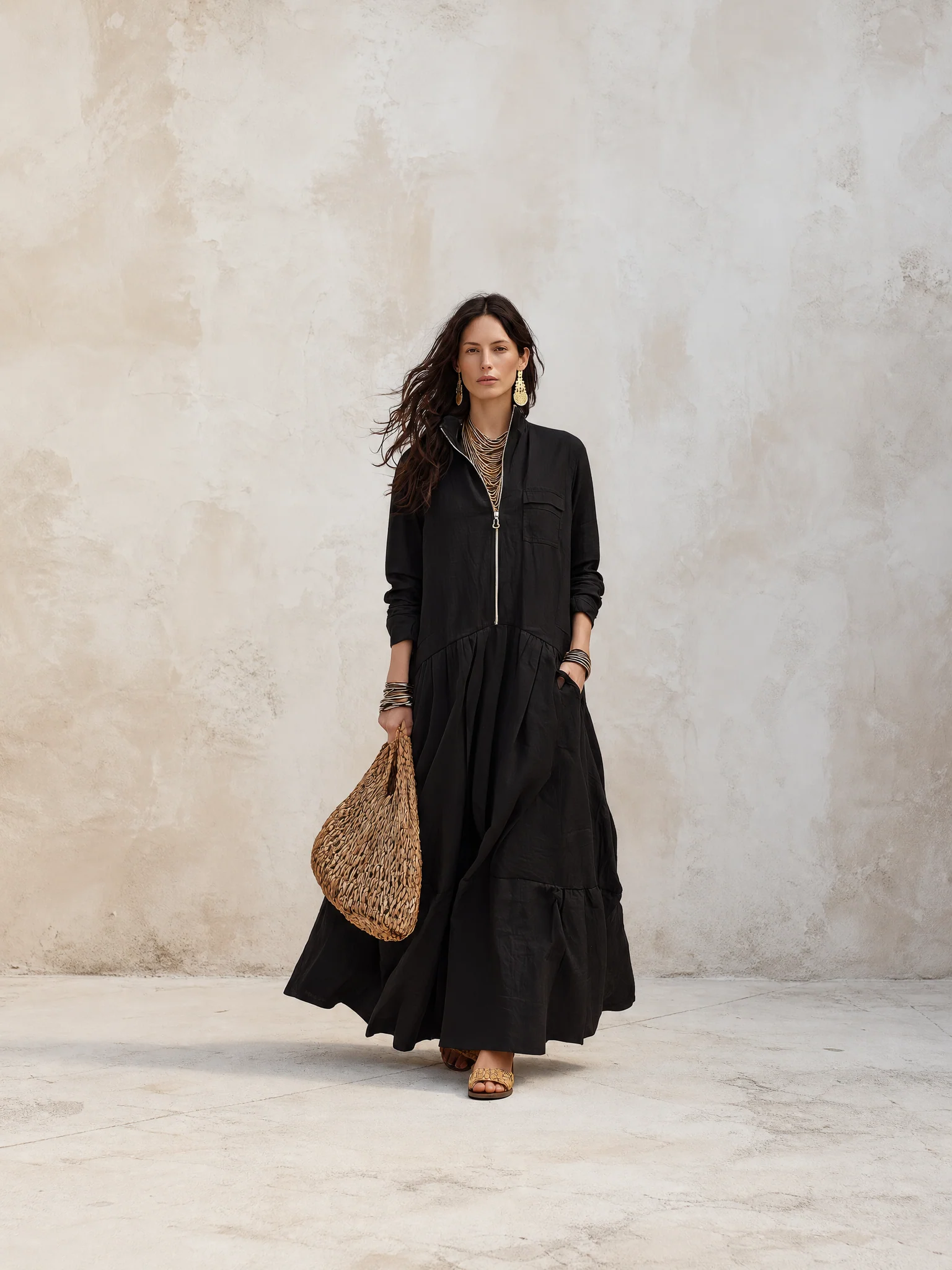 Effortless Boho Linen Zip-Front Tiered Drop-Waist Black Maxi Dress - Image 7