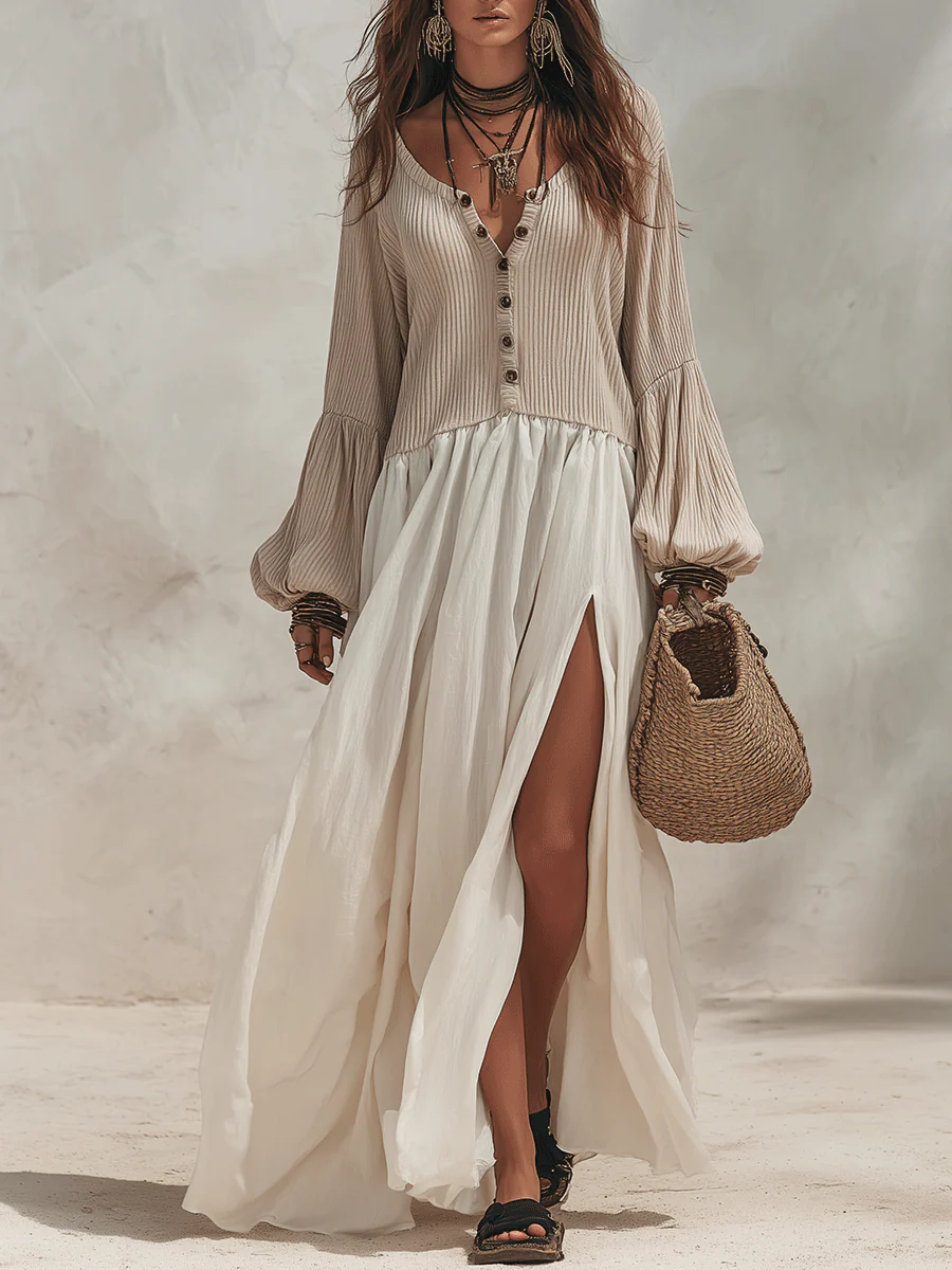 Effortless Boho Ribbed-Knit Contrast Split-Hem Beige & Ivory Maxi Dress