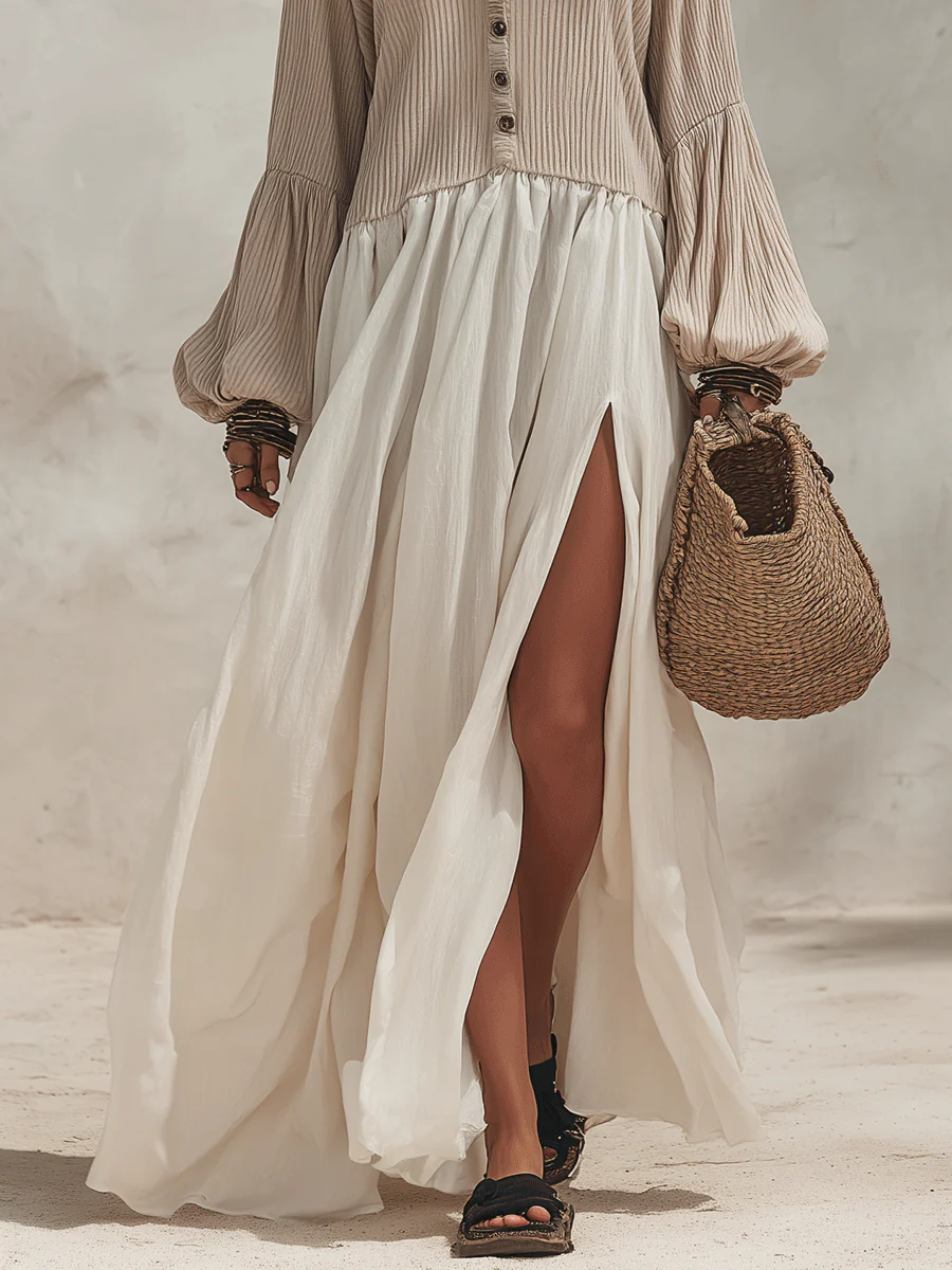 Effortless Boho Ribbed-Knit Contrast Split-Hem Beige & Ivory Maxi Dress - Image 3
