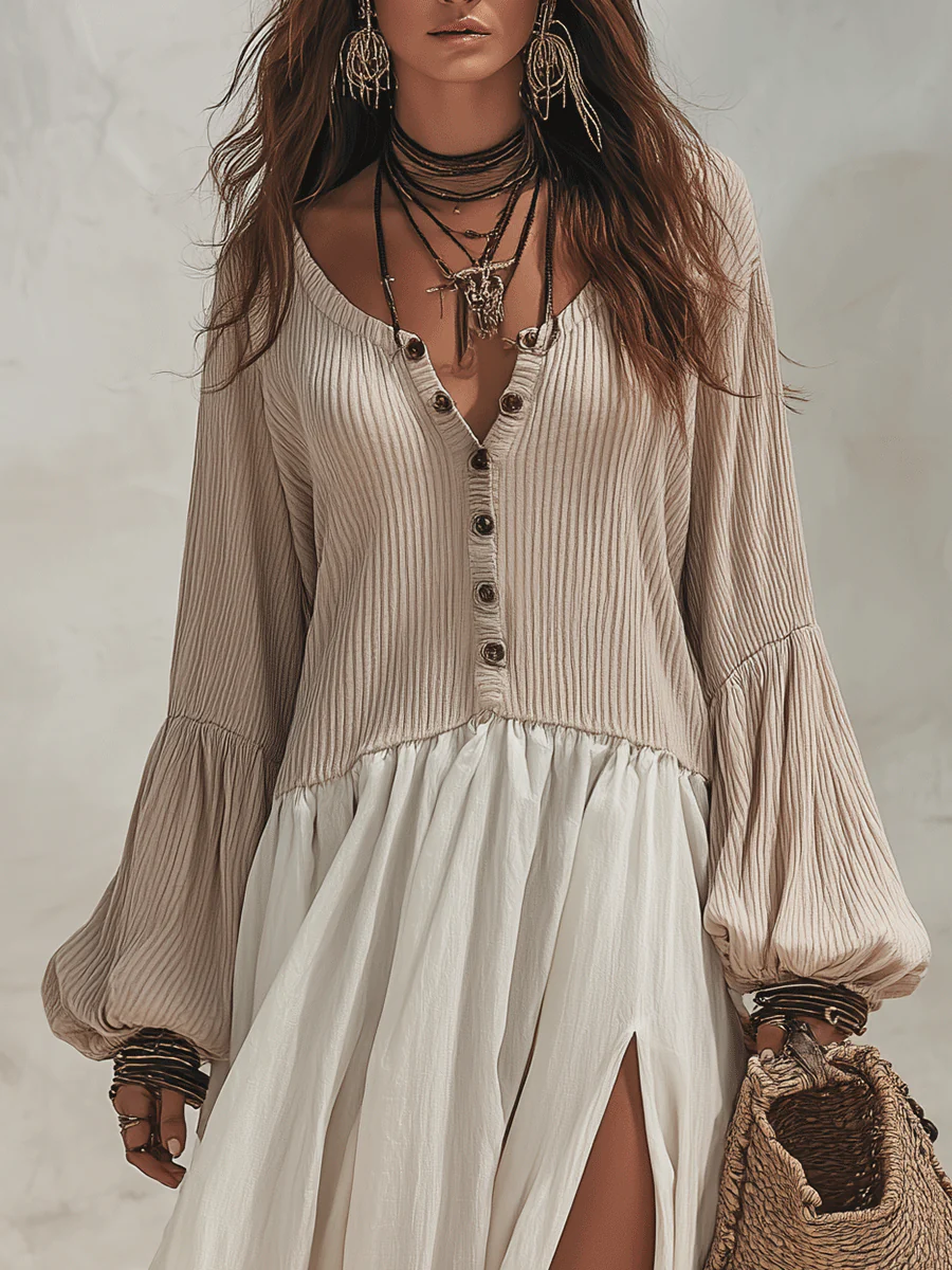 Effortless Boho Ribbed-Knit Contrast Split-Hem Beige & Ivory Maxi Dress - Image 4