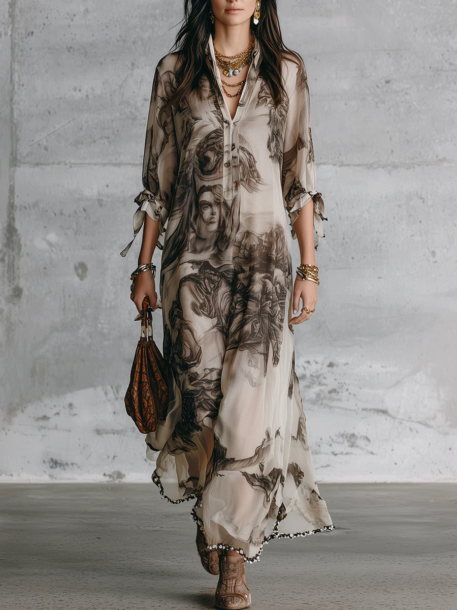 Effortless Boho Sheer Portrait-Print Loose Cream Kaftan Maxi Dress