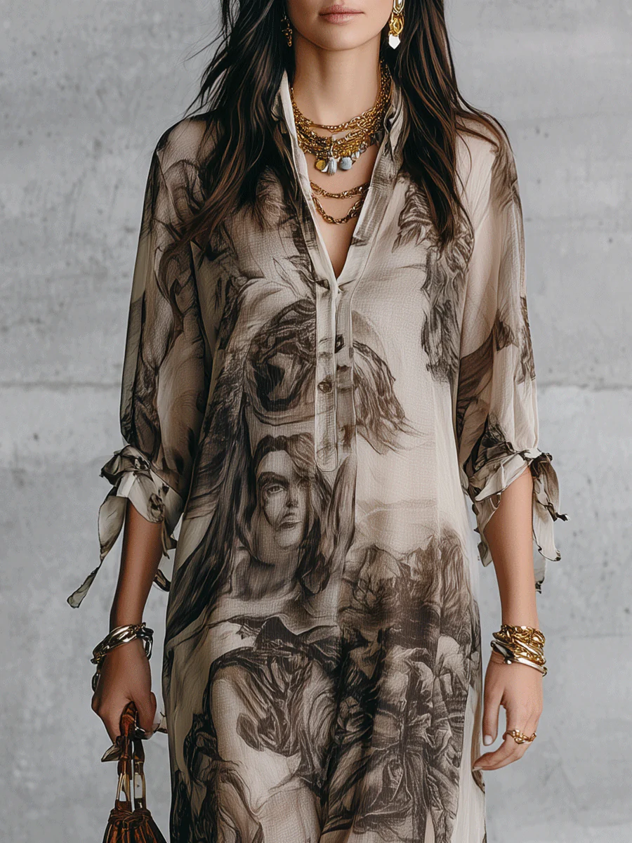 Effortless Boho Sheer Portrait-Print Loose Cream Kaftan Maxi Dress - Image 2