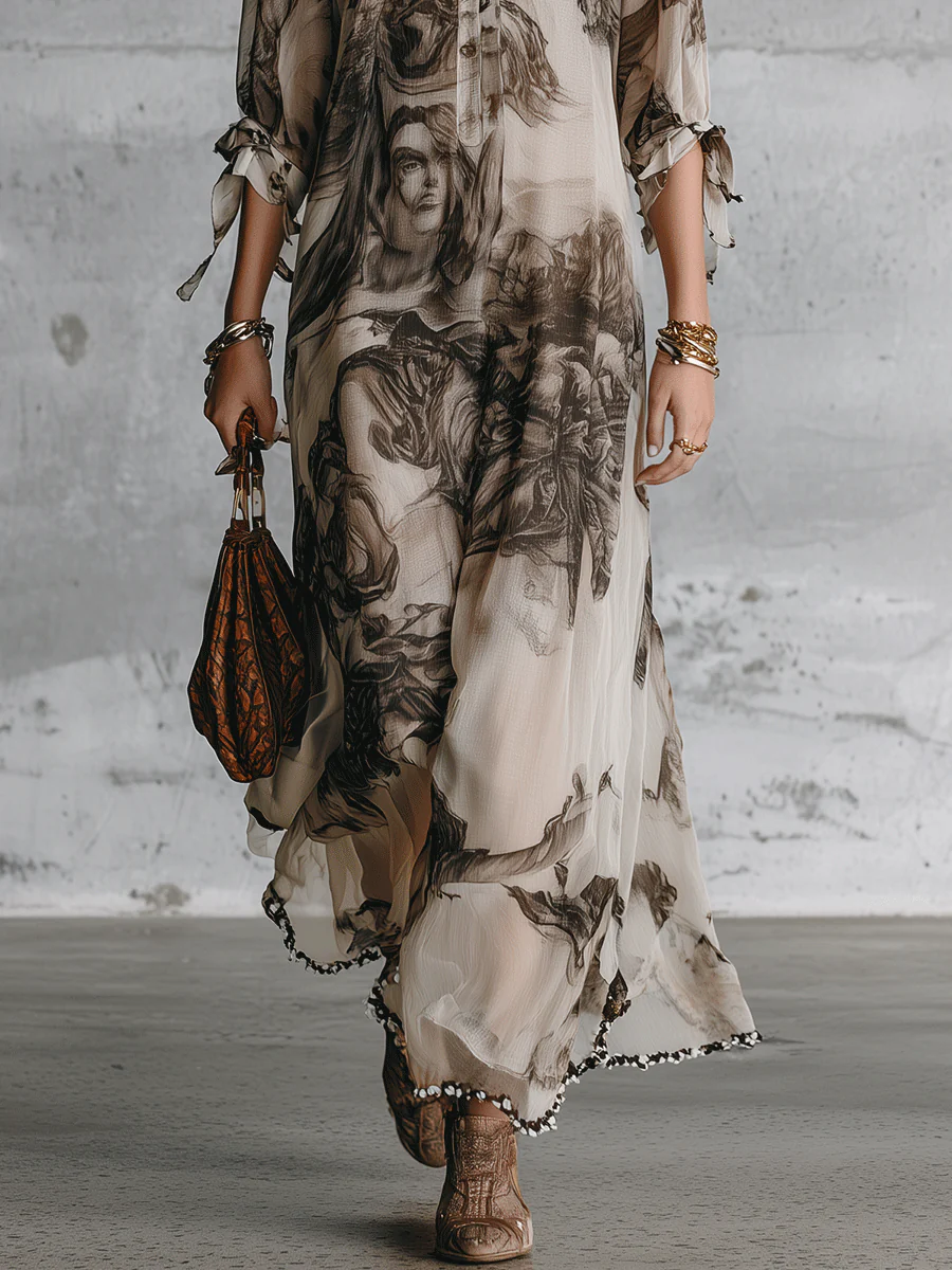 Effortless Boho Sheer Portrait-Print Loose Cream Kaftan Maxi Dress - Image 3