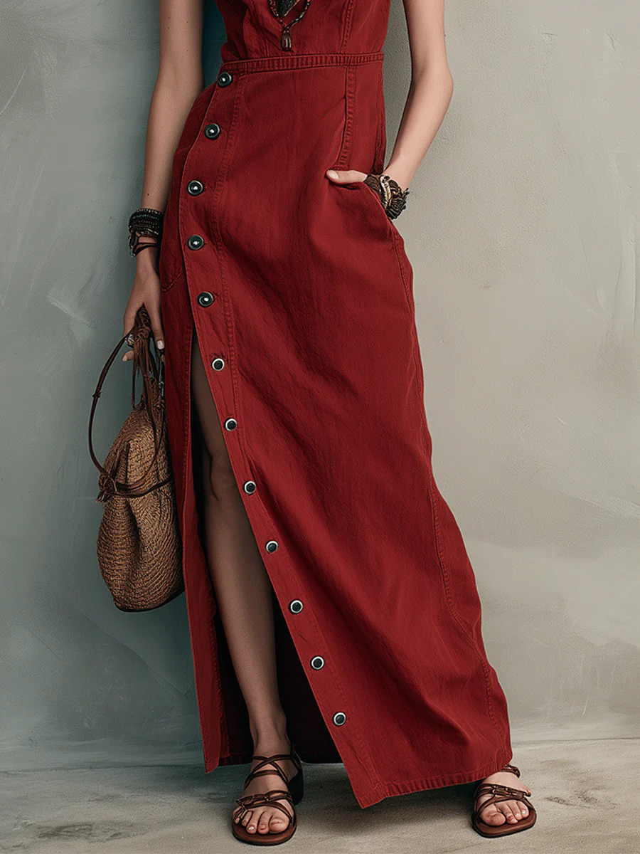 Effortless Button Detail Resort Crimson Red High-Slit Maxi Dress - Image 3